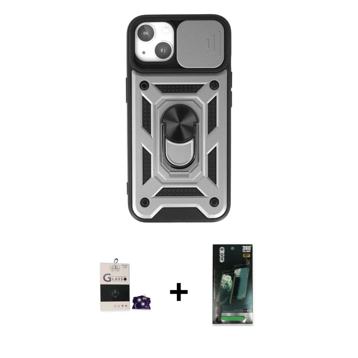 MARSİLYAN™- iPhone 15 Kılıf Ahenk Klasik - Şeffaf 360 Full Body Arka Koruyucu + Bilvis Titan Kamera Lens - PE