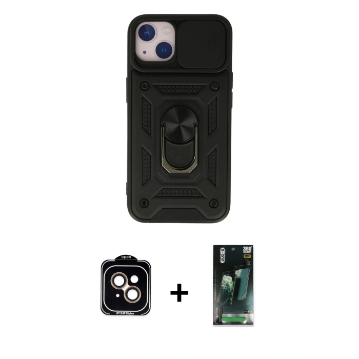 MARSİLYAN™- iPhone 15 Kılıf Ahenk Klasik - Şeffaf 360 Full Body Arka Koruyucu + PVD Metal Kamera Lens - TU