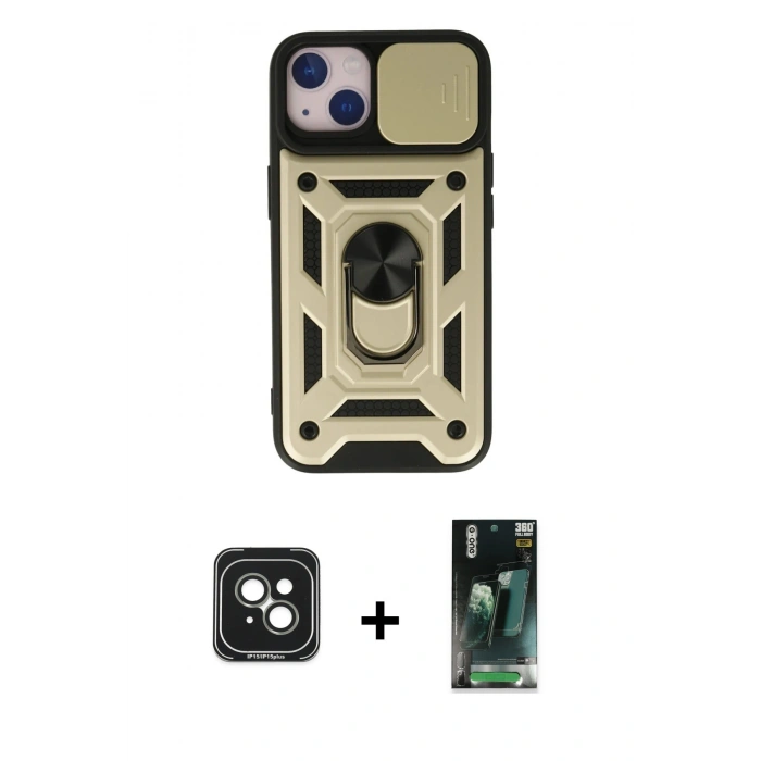 MARSİLYAN™- iPhone 15 Kılıf Ahenk Klasik - Şeffaf 360 Full Body Arka Koruyucu + PVD Metal Kamera Lens - YL