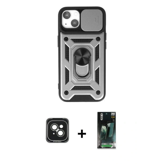 MARSİLYAN™- iPhone 15 Kılıf Ahenk Klasik - Şeffaf 360 Full Body Arka Koruyucu + PVD Metal Kamera Lens - YL