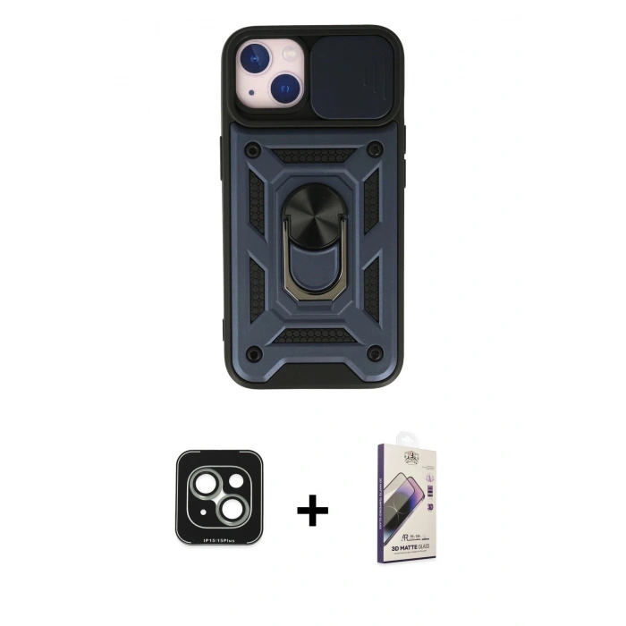 MARSİLYAN™- iPhone 15 Kılıf Ahenk Klasik - Siyah Bilvis 3D Mat Cam Ekran Koruyucu + PVD Metal Kamera Lens - YL