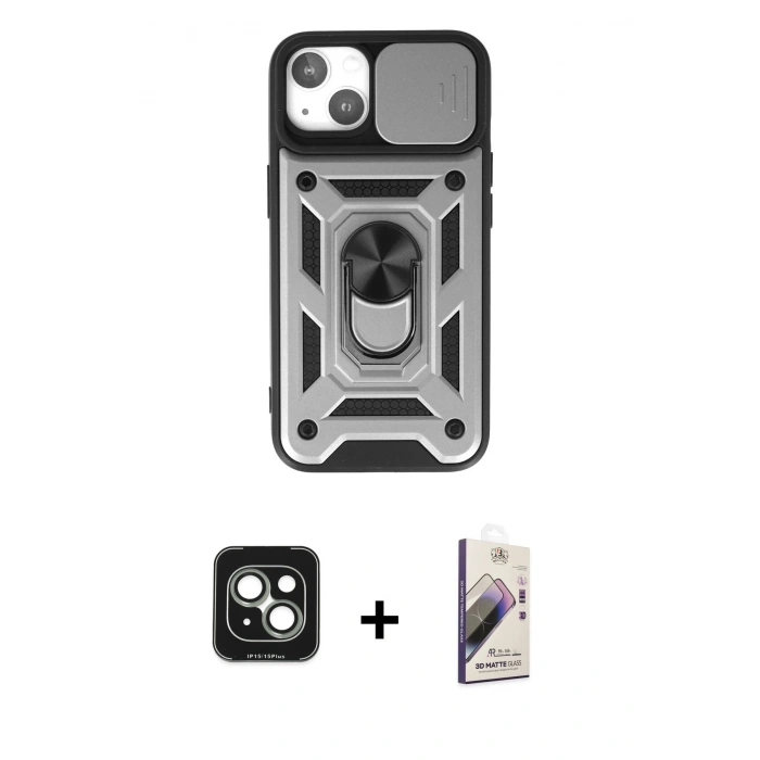 MARSİLYAN™- iPhone 15 Kılıf Ahenk Klasik - Siyah Bilvis 3D Mat Cam Ekran Koruyucu + PVD Metal Kamera Lens - YL