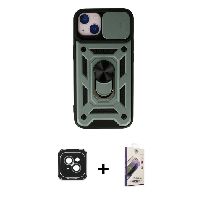 MARSİLYAN™- iPhone 15 Kılıf Ahenk Klasik - Siyah Bilvis 3D Mat Cam Ekran Koruyucu + PVD Metal Kamera Lens - YL