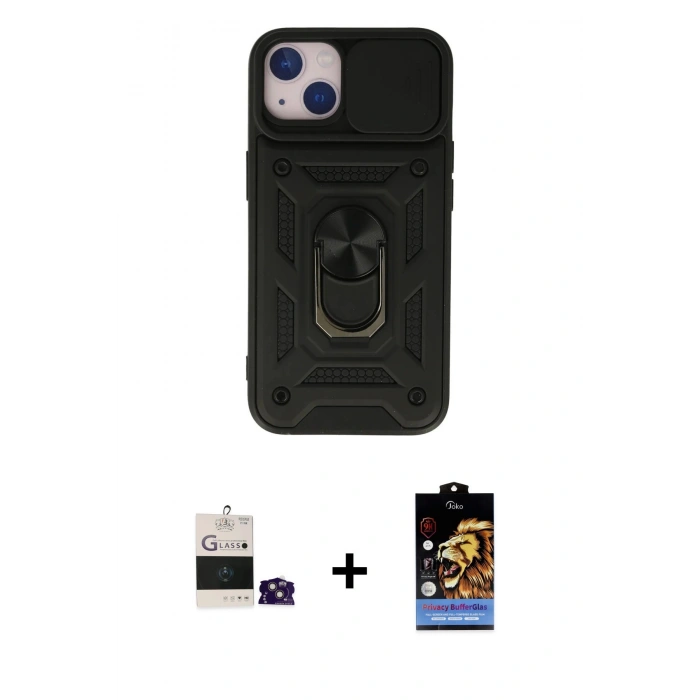 MARSİLYAN™- iPhone 15 Kılıf Ahenk Klasik - Siyah Buffer Hayalet Cam Ekran Koruyucu + Bilvis Titan Kamera Lens - PE