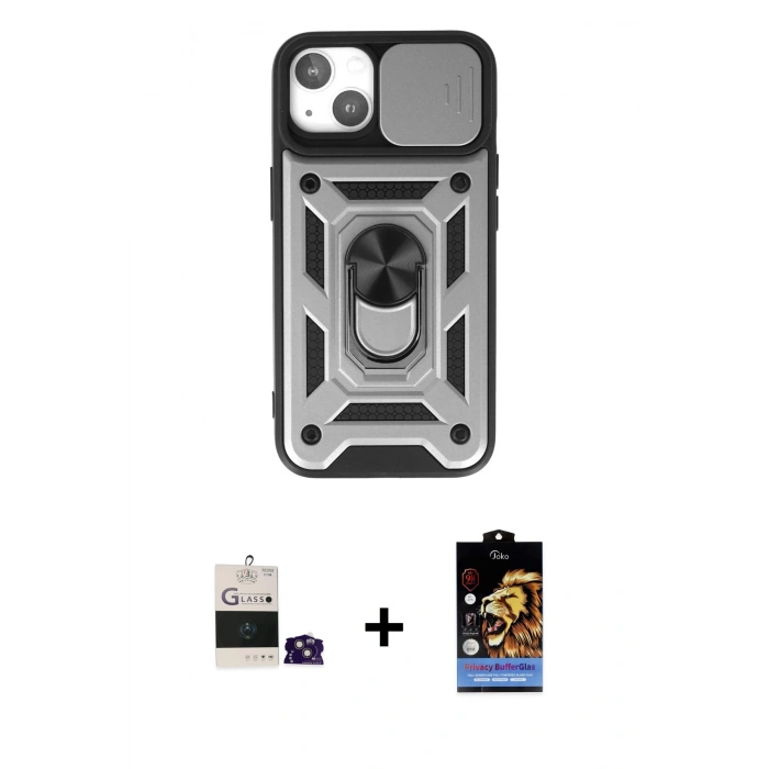MARSİLYAN™- iPhone 15 Kılıf Ahenk Klasik - Siyah Buffer Hayalet Cam Ekran Koruyucu + Bilvis Titan Kamera Lens - PE