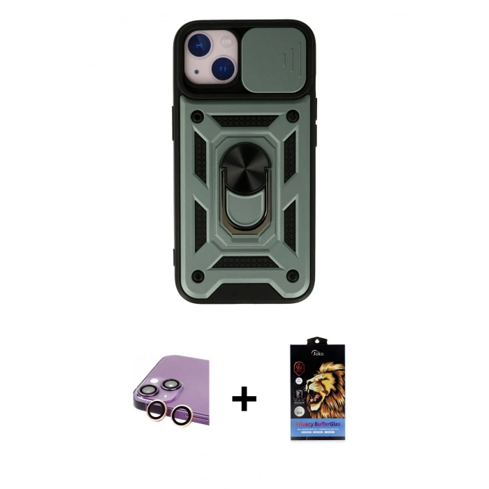 MARSİLYAN™- iPhone 15 Kılıf Ahenk Klasik - Siyah Buffer Hayalet Cam Ekran Koruyucu + Raze Metal Kamera Lens - PE