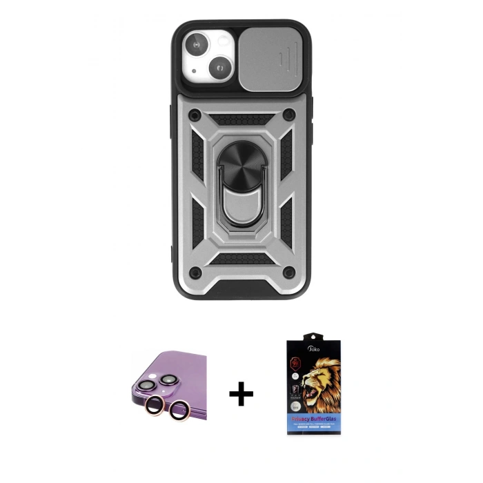 MARSİLYAN™- iPhone 15 Kılıf Ahenk Klasik - Siyah Buffer Hayalet Cam Ekran Koruyucu + Raze Metal Kamera Lens - PE