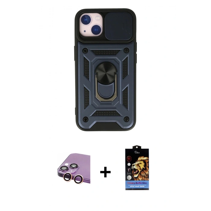 MARSİLYAN™- iPhone 15 Kılıf Ahenk Klasik - Siyah Buffer Hayalet Cam Ekran Koruyucu + Raze Metal Kamera Lens - PE