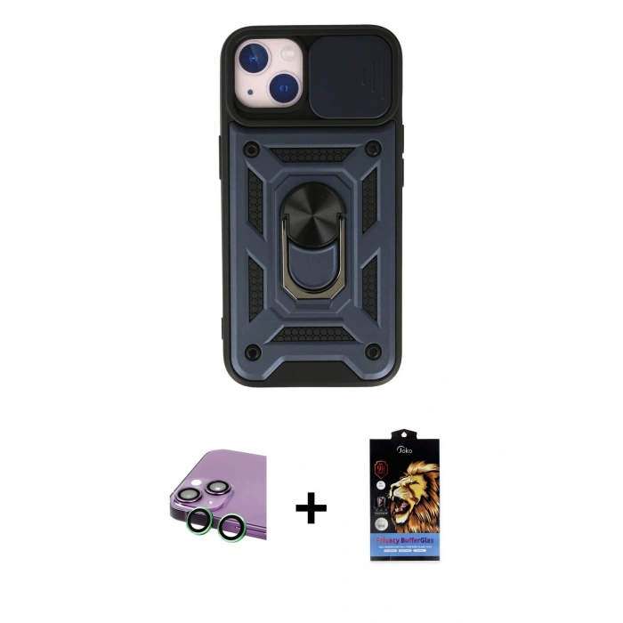 MARSİLYAN™- iPhone 15 Kılıf Ahenk Klasik - Siyah Buffer Hayalet Cam Ekran Koruyucu + Raze Metal Kamera Lens - YL