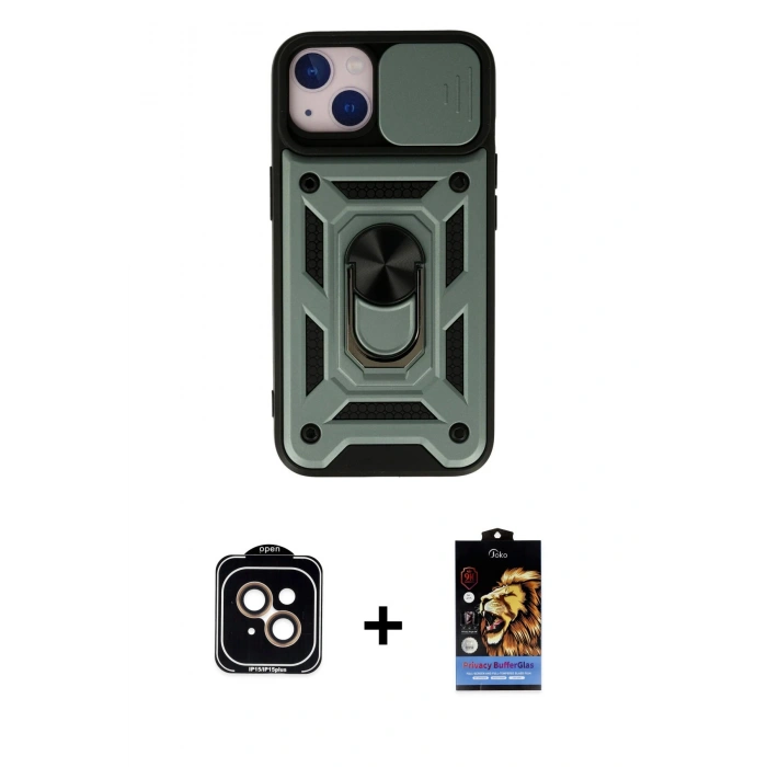 MARSİLYAN™- iPhone 15 Kılıf Ahenk Klasik - Siyah Buffer Hayalet Cam Ekran Koruyucu + PVD Metal Kamera Lens - TU