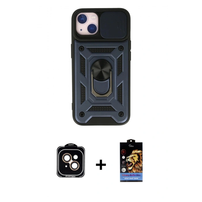MARSİLYAN™- iPhone 15 Kılıf Ahenk Klasik - Siyah Buffer Hayalet Cam Ekran Koruyucu + PVD Metal Kamera Lens - TU