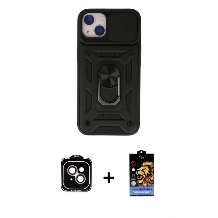 MARSİLYAN™- iPhone 15 Kılıf Ahenk Klasik - Siyah Buffer Hayalet Cam Ekran Koruyucu + PVD Metal Kamera Lens - TU