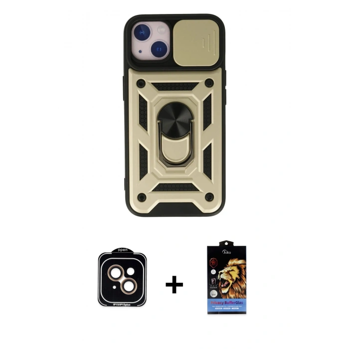 MARSİLYAN™- iPhone 15 Kılıf Ahenk Klasik - Siyah Buffer Hayalet Cam Ekran Koruyucu + PVD Metal Kamera Lens - TU
