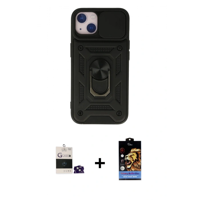 MARSİLYAN™- iPhone 15 Kılıf Ahenk Klasik - Siyah Buffer Hayalet Cam Ekran Koruyucu + Bilvis Titan Kamera Lens - YL