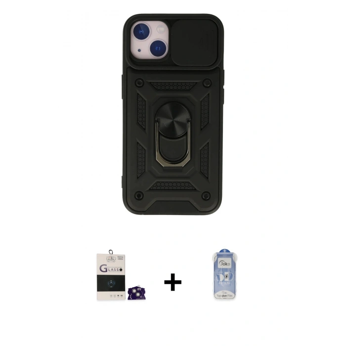 MARSİLYAN™- iPhone 15 Kılıf Ahenk Klasik - Siyah Joko Magic 5D Cam + Bilvis Titan Kamera Lens - YL