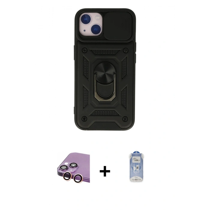 MARSİLYAN™- iPhone 15 Kılıf Ahenk Klasik - Siyah Joko Magic 5D Cam + Raze Metal Kamera Lens - PE