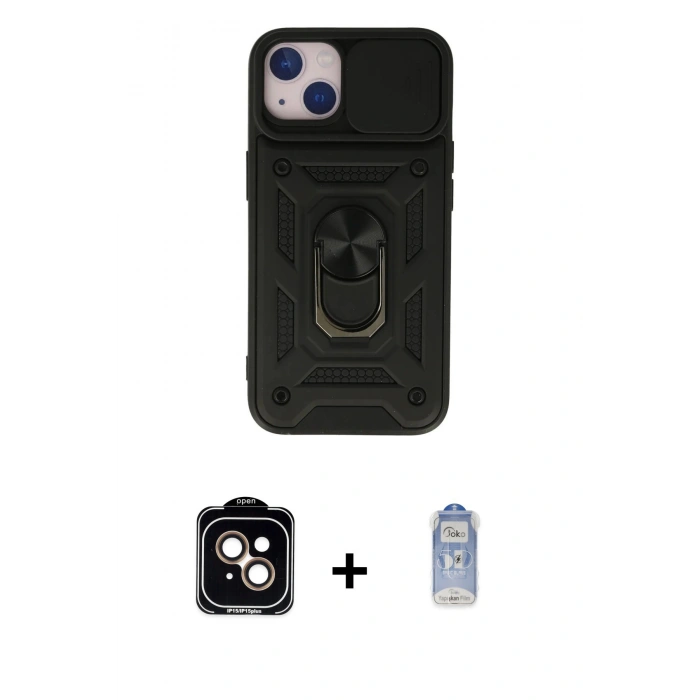 MARSİLYAN™- iPhone 15 Kılıf Ahenk Klasik - Siyah Joko Magic 5D Cam + PVD Metal Kamera Lens - TU