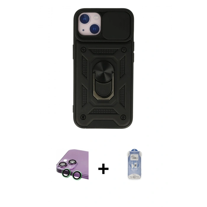 MARSİLYAN™- iPhone 15 Kılıf Ahenk Klasik - Siyah Joko Magic 5D Cam + Raze Metal Kamera Lens - YL