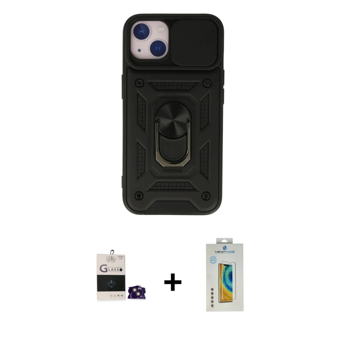 MARSİLYAN™- iPhone 15 Kılıf Ahenk Klasik - Siyah Polymer Nano Ekran Koruyucu + Bilvis Titan Kamera Lens - PE