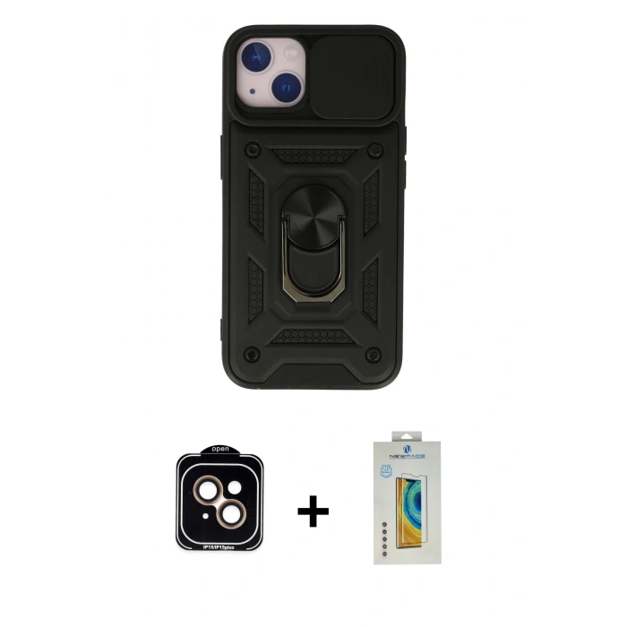 MARSİLYAN™- iPhone 15 Kılıf Ahenk Klasik - Siyah Polymer Nano Ekran Koruyucu + PVD Metal Kamera Lens - TU