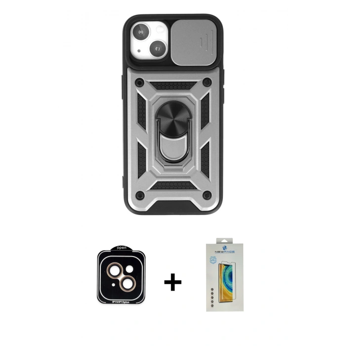 MARSİLYAN™- iPhone 15 Kılıf Ahenk Klasik - Siyah Polymer Nano Ekran Koruyucu + PVD Metal Kamera Lens - TU