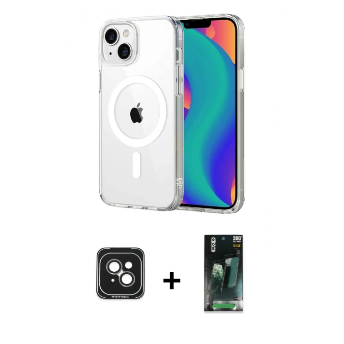 MARSİLYAN™- iPhone 15 Kılıf Ahenk Minimal Serisi - Şeffaf 360 Full Body Arka Koruyucu + PVD Metal Kamera Lens - YL