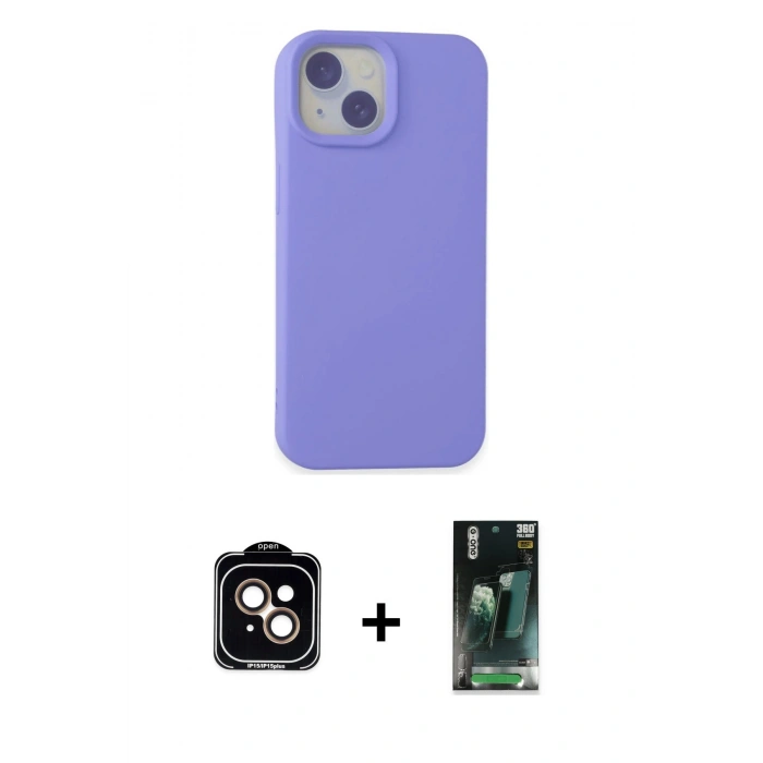 MARSİLYAN™- iPhone 15 Kılıf Ahenk Serisi - Şeffaf 360 Full Body Arka Koruyucu + PVD Metal Kamera Lens - TU