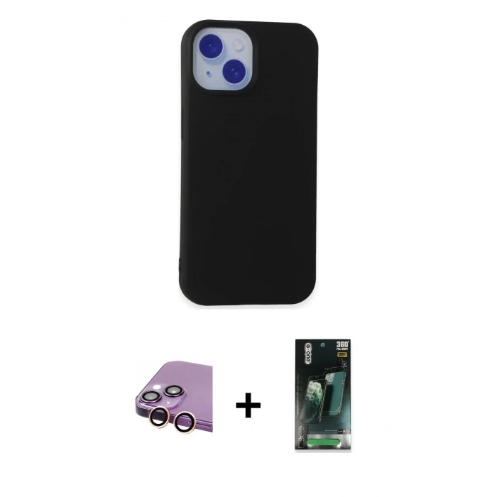 MARSİLYAN™- iPhone 15 Kılıf Ahenk Serisi - Şeffaf 360 Full Body Arka Koruyucu + Raze Metal Kamera Lens - PE