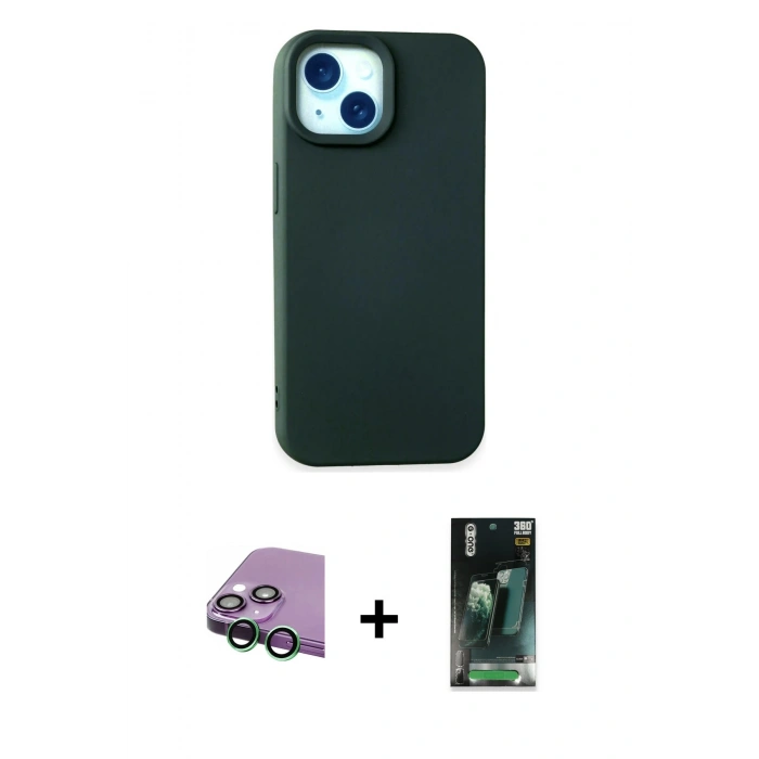 MARSİLYAN™- iPhone 15 Kılıf Ahenk Serisi - Siyah 360 Mat Full Body Arka Koruyucu + Raze Metal Kamera Lens - YL