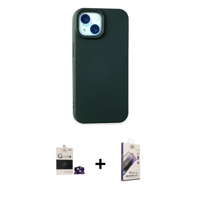 MARSİLYAN™- iPhone 15 Kılıf Ahenk Serisi - Siyah Bilvis 3D Mat Cam Ekran Koruyucu + Bilvis Titan Kamera Lens - YL