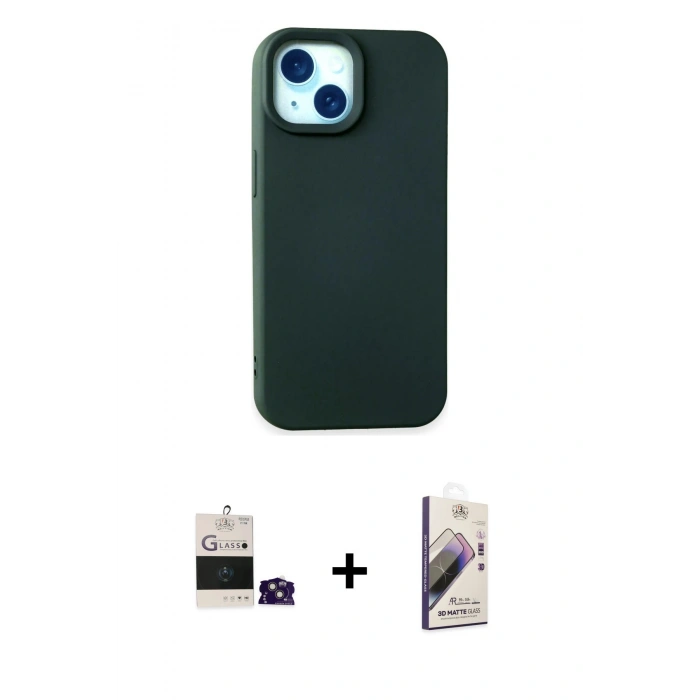 MARSİLYAN™- iPhone 15 Kılıf Ahenk Serisi - Siyah Bilvis 3D Mat Cam Ekran Koruyucu + Bilvis Titan Kamera Lens - PE