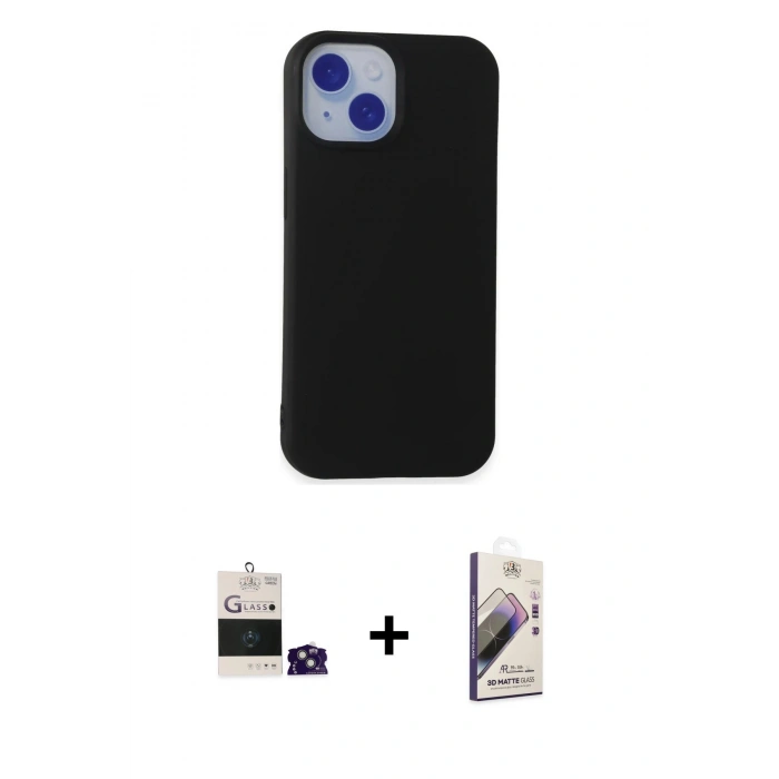 MARSİLYAN™- iPhone 15 Kılıf Ahenk Serisi - Siyah Bilvis 3D Mat Cam Ekran Koruyucu + Bilvis Titan Kamera Lens - YL