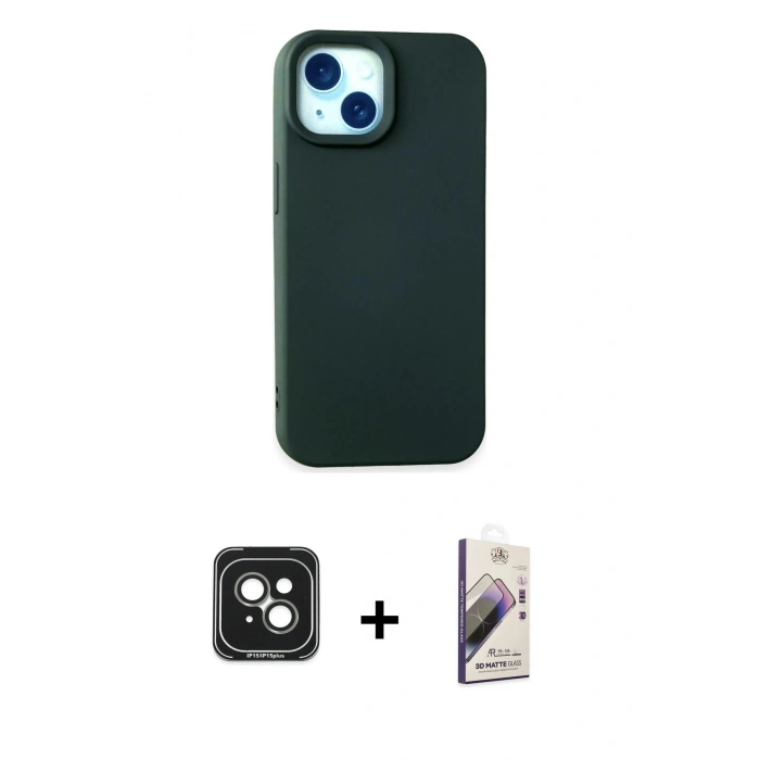 MARSİLYAN™- iPhone 15 Kılıf Ahenk Serisi - Siyah Bilvis 3D Mat Cam Ekran Koruyucu + PVD Metal Kamera Lens - YL