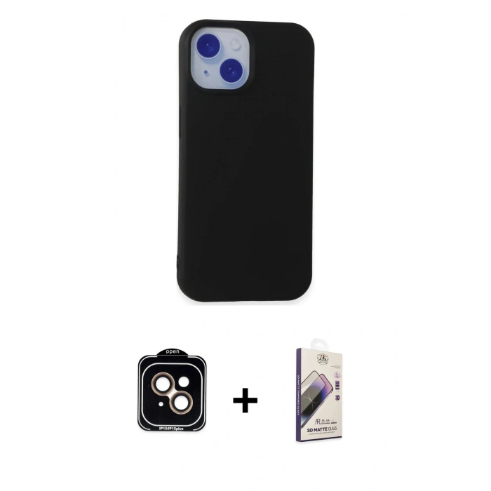 MARSİLYAN™- iPhone 15 Kılıf Ahenk Serisi - Siyah Bilvis 3D Mat Cam Ekran Koruyucu + PVD Metal Kamera Lens - TU