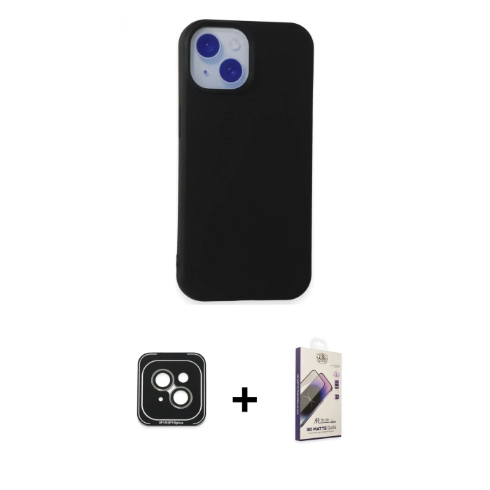MARSİLYAN™- iPhone 15 Kılıf Ahenk Serisi - Siyah Bilvis 3D Mat Cam Ekran Koruyucu + PVD Metal Kamera Lens - YL
