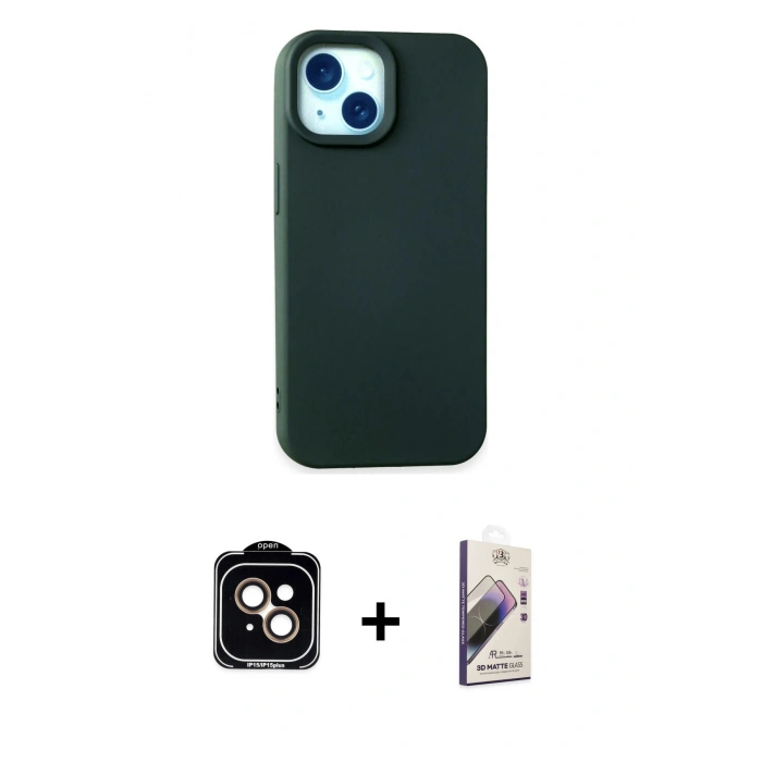 MARSİLYAN™- iPhone 15 Kılıf Ahenk Serisi - Siyah Bilvis 3D Mat Cam Ekran Koruyucu + PVD Metal Kamera Lens - TU