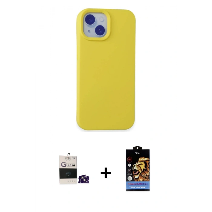 MARSİLYAN™- iPhone 15 Kılıf Ahenk Serisi - Siyah Buffer Hayalet Cam Ekran Koruyucu + Bilvis Titan Kamera Lens - PE