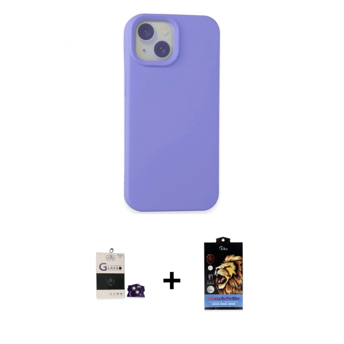 MARSİLYAN™- iPhone 15 Kılıf Ahenk Serisi - Siyah Buffer Hayalet Cam Ekran Koruyucu + Bilvis Titan Kamera Lens - PE