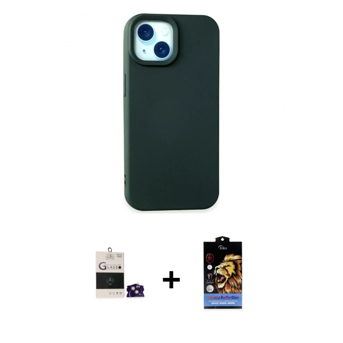 MARSİLYAN™- iPhone 15 Kılıf Ahenk Serisi - Siyah Buffer Hayalet Cam Ekran Koruyucu + Bilvis Titan Kamera Lens - YL
