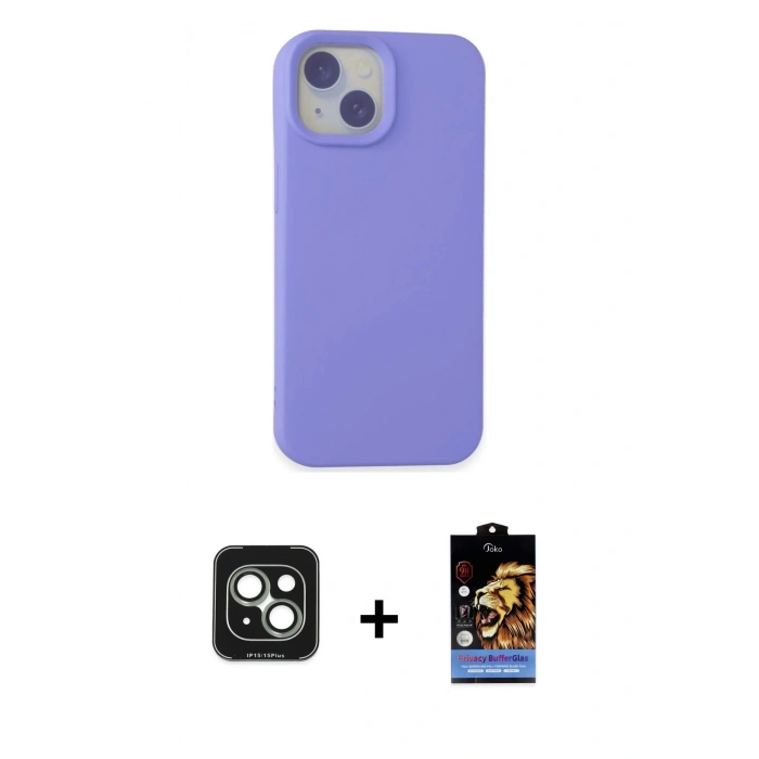 MARSİLYAN™- iPhone 15 Kılıf Ahenk Serisi - Siyah Buffer Hayalet Cam Ekran Koruyucu + PVD Metal Kamera Lens - YL