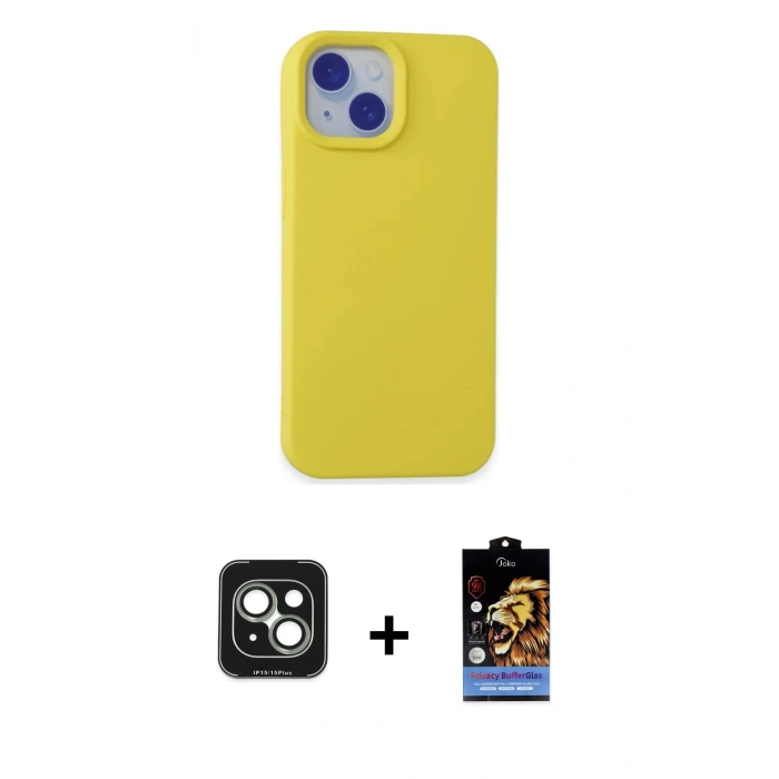MARSİLYAN™- iPhone 15 Kılıf Ahenk Serisi - Siyah Buffer Hayalet Cam Ekran Koruyucu + PVD Metal Kamera Lens - YL