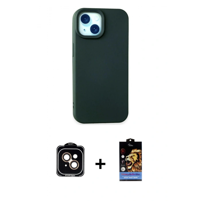 MARSİLYAN™- iPhone 15 Kılıf Ahenk Serisi - Siyah Buffer Hayalet Cam Ekran Koruyucu + PVD Metal Kamera Lens - TU