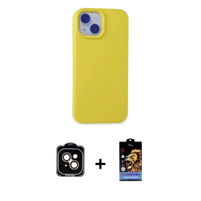 MARSİLYAN™- iPhone 15 Kılıf Ahenk Serisi - Siyah Buffer Hayalet Cam Ekran Koruyucu + PVD Metal Kamera Lens - TU