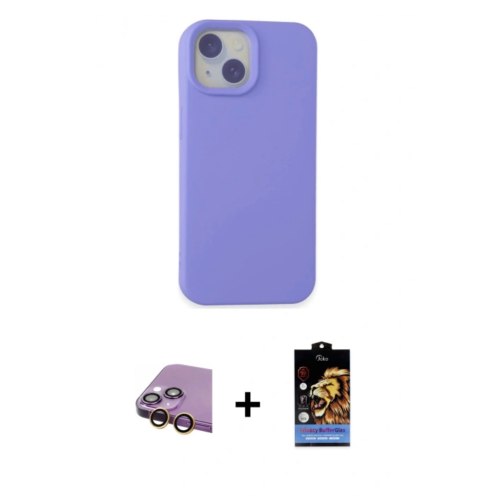 MARSİLYAN™- iPhone 15 Kılıf Ahenk Serisi - Siyah Buffer Hayalet Cam Ekran Koruyucu + Raze Metal Kamera Lens - SI