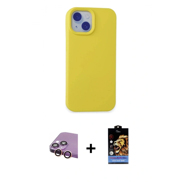 MARSİLYAN™- iPhone 15 Kılıf Ahenk Serisi - Siyah Buffer Hayalet Cam Ekran Koruyucu + Raze Metal Kamera Lens - PE