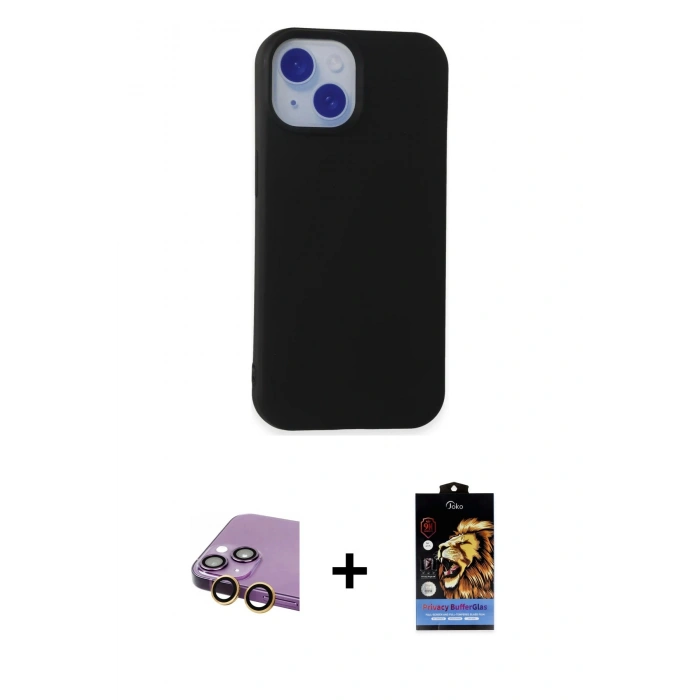 MARSİLYAN™- iPhone 15 Kılıf Ahenk Serisi - Siyah Buffer Hayalet Cam Ekran Koruyucu + Raze Metal Kamera Lens - SI