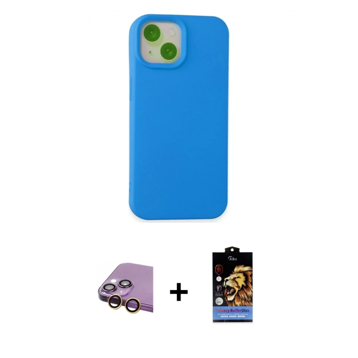 MARSİLYAN™- iPhone 15 Kılıf Ahenk Serisi - Siyah Buffer Hayalet Cam Ekran Koruyucu + Raze Metal Kamera Lens - SI
