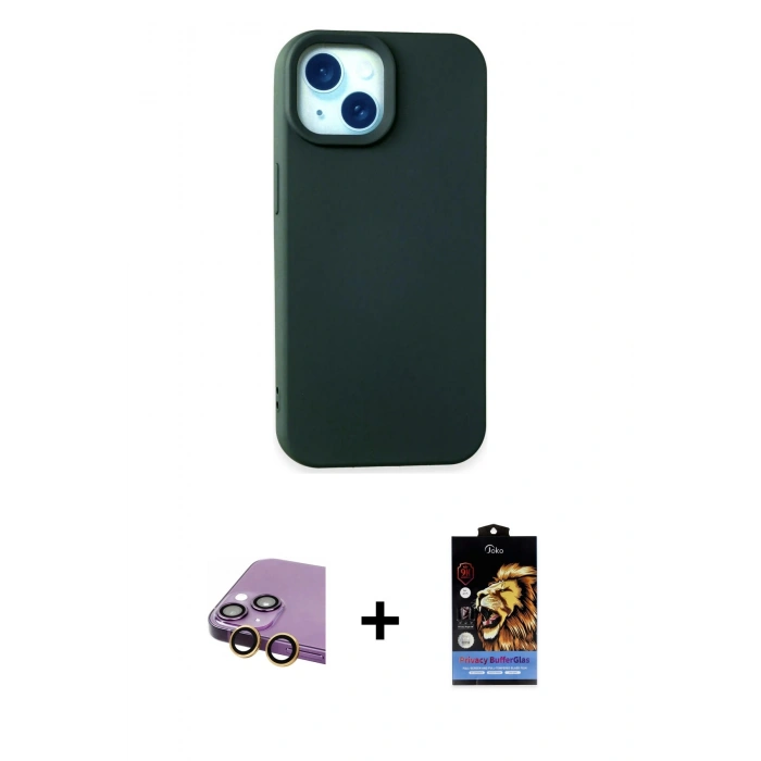 MARSİLYAN™- iPhone 15 Kılıf Ahenk Serisi - Siyah Buffer Hayalet Cam Ekran Koruyucu + Raze Metal Kamera Lens - SI