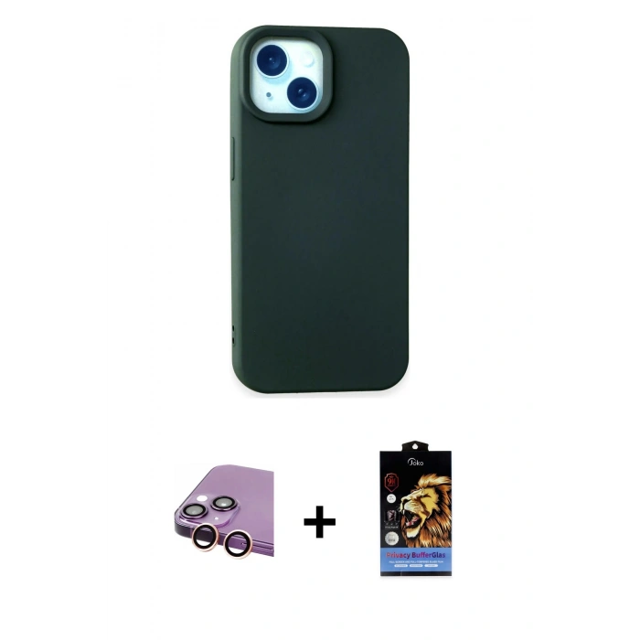 MARSİLYAN™- iPhone 15 Kılıf Ahenk Serisi - Siyah Buffer Hayalet Cam Ekran Koruyucu + Raze Metal Kamera Lens - PE