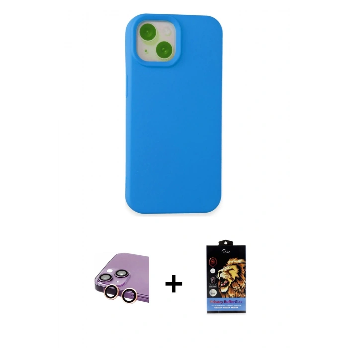 MARSİLYAN™- iPhone 15 Kılıf Ahenk Serisi - Siyah Buffer Hayalet Cam Ekran Koruyucu + Raze Metal Kamera Lens - PE